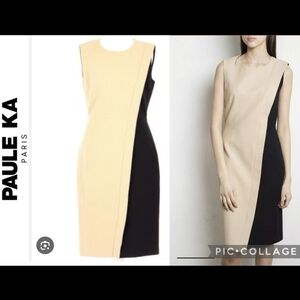 PAULE KA Beige and Black Asymmetric Colorblock Dress Sz 36 Like New